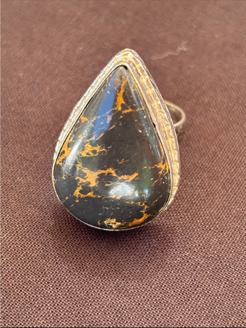 Sterling silver Tear Drop Pear shape ring, black brown orange stone size 8.5